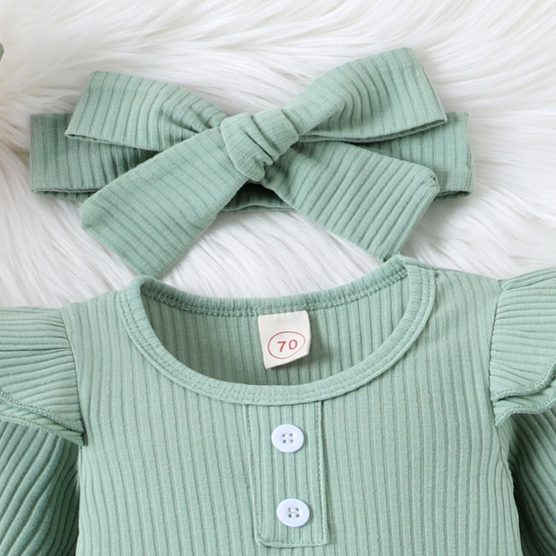 Babykleidung, einfarbig, lässig, Pit-Strip, Langarm, kleine fliegende Ärmel, einteilige Harshirt-Hose, dreiteilige Schleife, Kopftuch_voghion.com