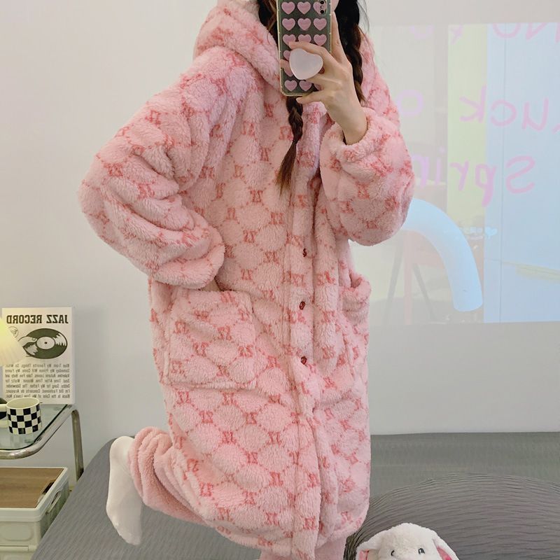 Pigiama da donna in pile corallo, pile spesso, flanella, camicia da notte, accappatoio, set da salotto con cappuccio_voghion.com