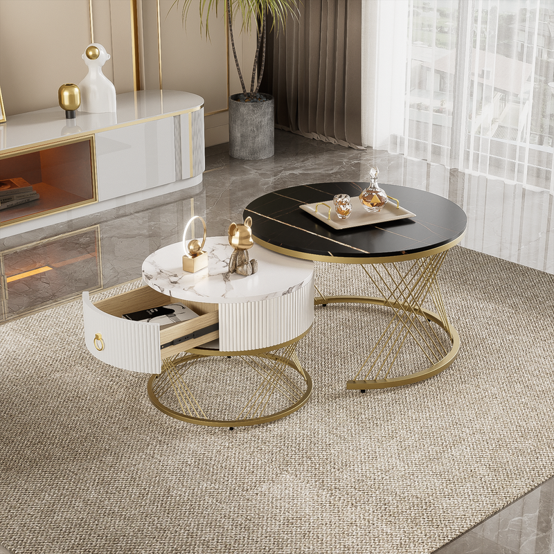Ensemble de tables basses modulaires élégantes : aspect marbre avec touches dorées, tables d'appoint gigognes avec tiroirs – Ensemble 2 pièces_voghion.com