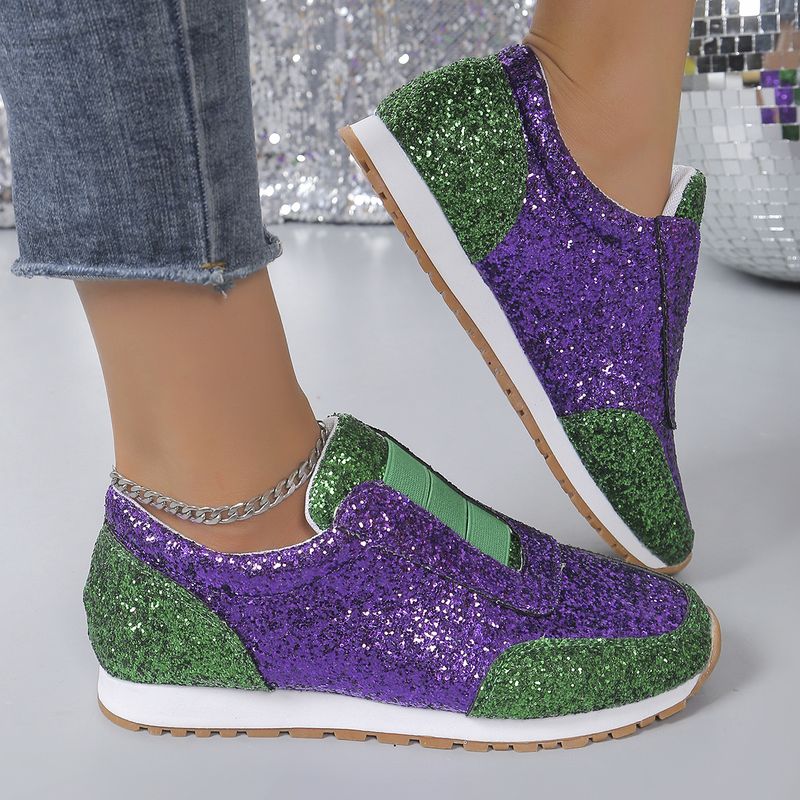 Women's single shoes sequin rhinestones elastic casual single shoes thick soled round head single shoes_voghion.com