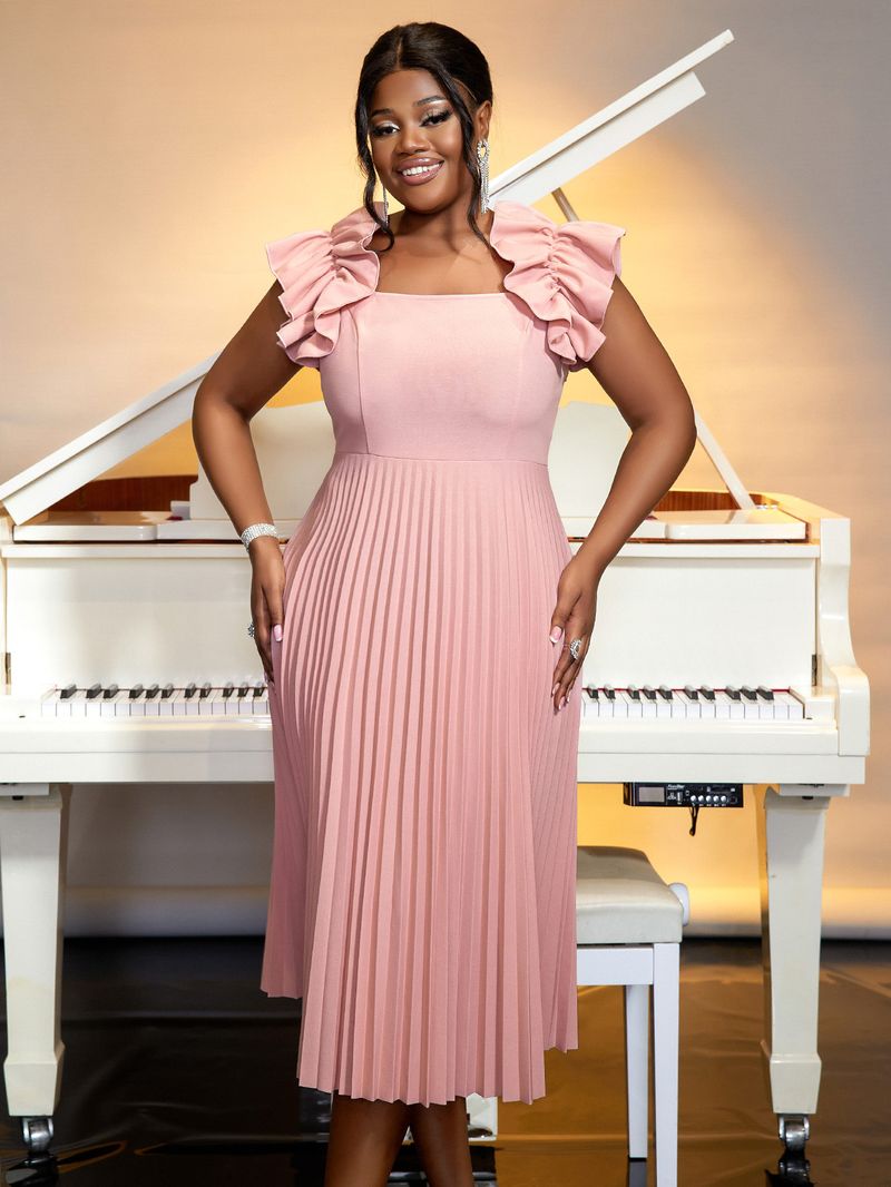 Women's Clothing Elegant Square Neck Sleeveless Pleated Midi Dress - Flattering High Waist Design In Soft Pink, Perfect For Casual & Office Wear_voghion.com