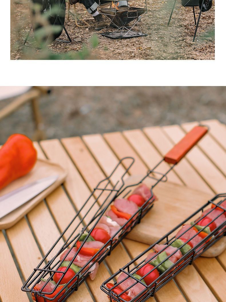 Ahşap Saplı Kafes Açık Hava Kamp Et Sebze Barbekü Solungaç Ağı Raf Piknik Solungaçlama Aleti Kömür Solungaçlı Sosis_voghion.com