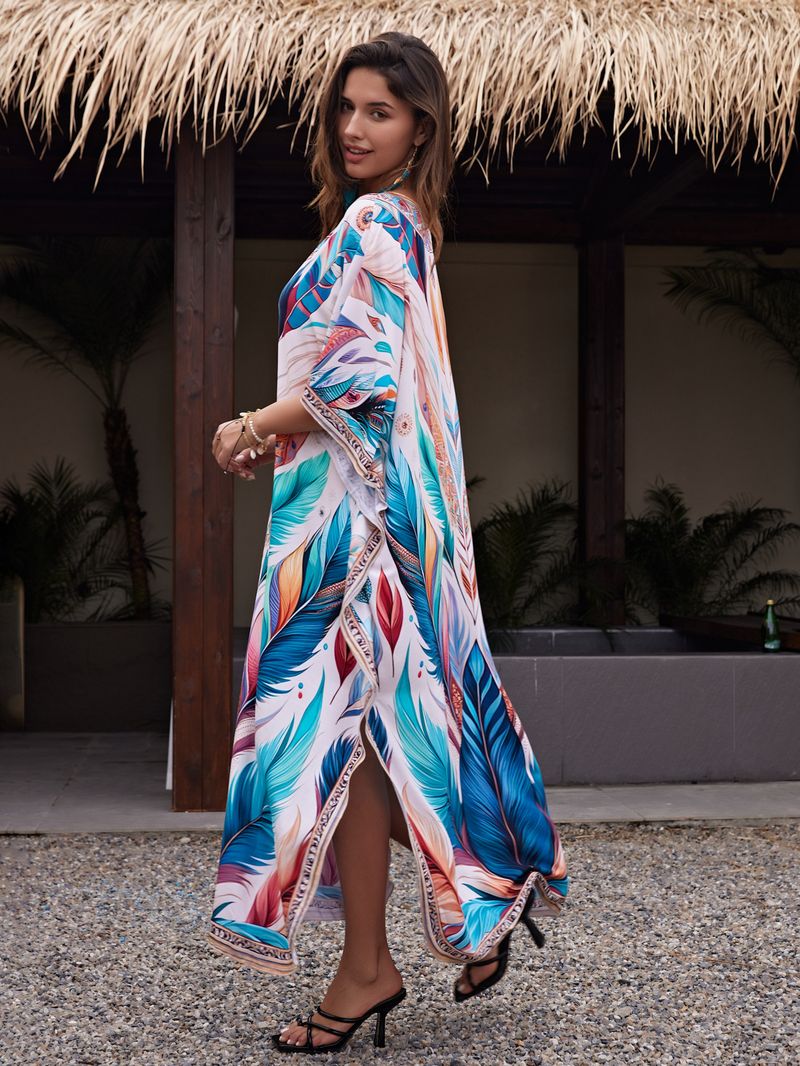 Sukienka maxi z nadrukiem w stylu boho, damska, narzutka z wiskozy – zwiewna tunika plażowa z etnicznymi wzorami, luźny krój w dużych rozmiarach, narzutka na bikini, strój na wakacje_voghion.com