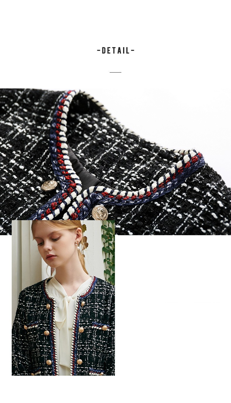 Women's Clothing spring and autumn new black and white plaid double breasted tweed plus size jacket_voghion.com
