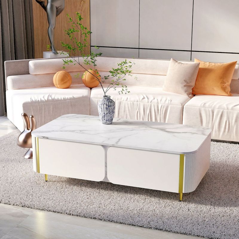 1pc Modern Luxury Coffee Table, 51.1" Rectangle Coffee Table With Drawer, Marble Top, Curved Profile Design, Gold Metal Decor, Center Table For Living Room,Side Table For Apartment_voghion.com