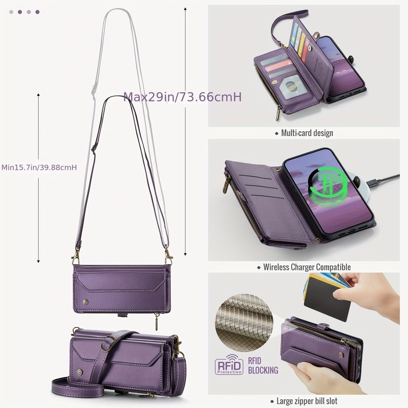 Wireless Charging, Blocked Card Slot, Flip-Open PU Leather Protective Case - Compatible with 12/13/14/15 Plus Pro Max, Stylish Shoulder Bag Design_voghion.com