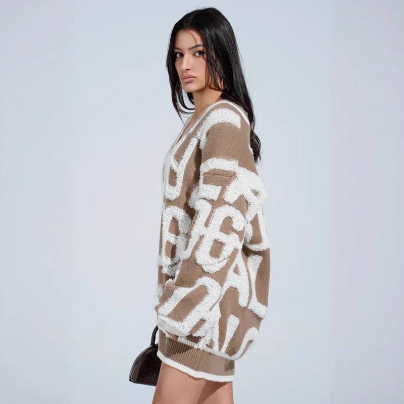 Cardigan ricamato da donna – Maglia oversize con scollo a V e motivo a lettere per autunno e inverno_voghion.com