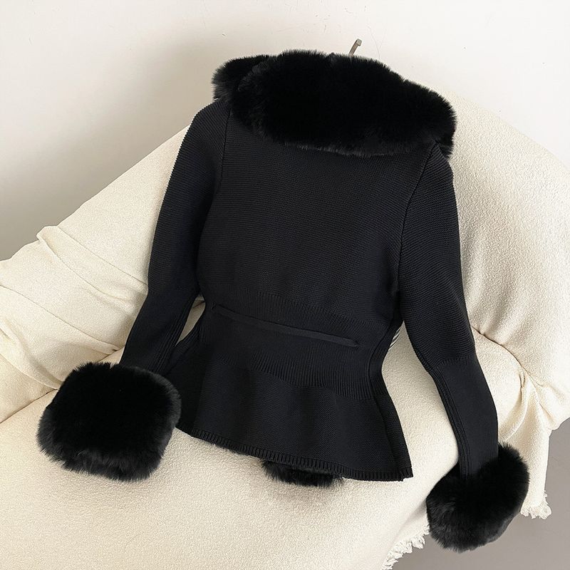 Damenbekleidung Herbst und Winter Strickpullover Pelz Knopfleiste Manschetten Abnehmbarer Strickpullover_voghion.com