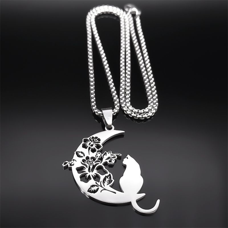 Collana con ciondolo a forma di mezzaluna con fiore di gatto estetico per donna e uomo in acciaio inossidabile color argento, catena bohémien, regalo per gioielli, collare 3220_voghion.com