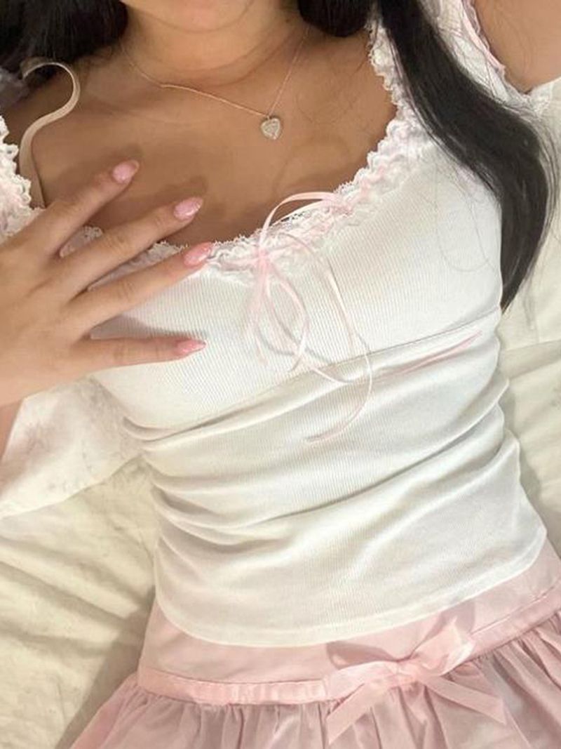 vendita calda Donna Y2k Pizzo Balze Camicia Scoop Collo Manica Corta Maglia a Costine Fairycore Tee Top Vintage Basic Stretto Camicetta Uscire_voghion.com