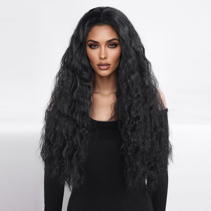 Parrucca con extension per capelli, nuova parrucca per donna, capelli neri ricci alla moda, ondulati, ricci di mais, riga centrale, frangia, copricapo completo._voghion.com