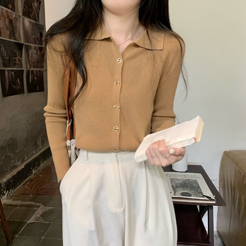 Women's Turn-Down Collar Knitted Long Sleeve Top - Soft Loose Fit Casual Blouse For Autumn & Spring_voghion.com