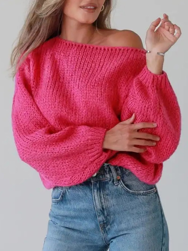 Women's autumn and winter new women's sexy one-line collar off-shoulder solid color loose knitted pullover sweater_voghion.com