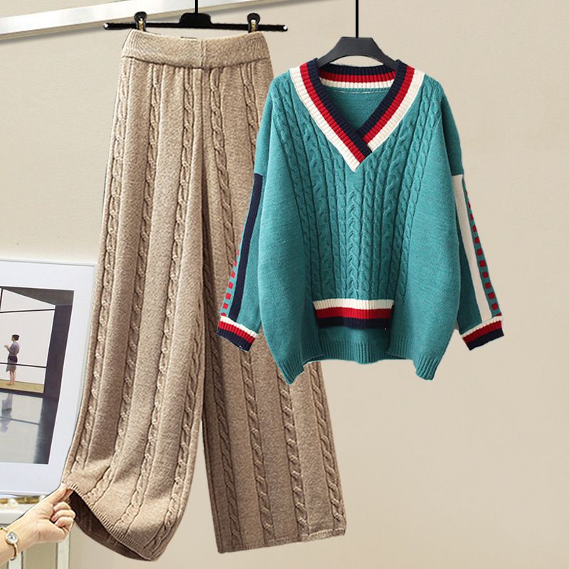 Women's Clothing Large Size Women's Winter Suits For Women New Lazy Style Loose Sweaters Slim And Versatile Wide Leg Pants Two Piece Suit_voghion.com