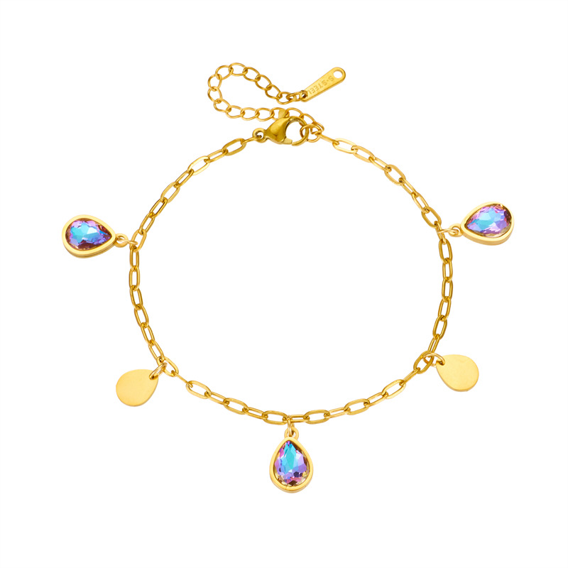 Bracelet en acier et titane avec pendentif en forme de larme en verre coloré, style européen et américain_voghion.com