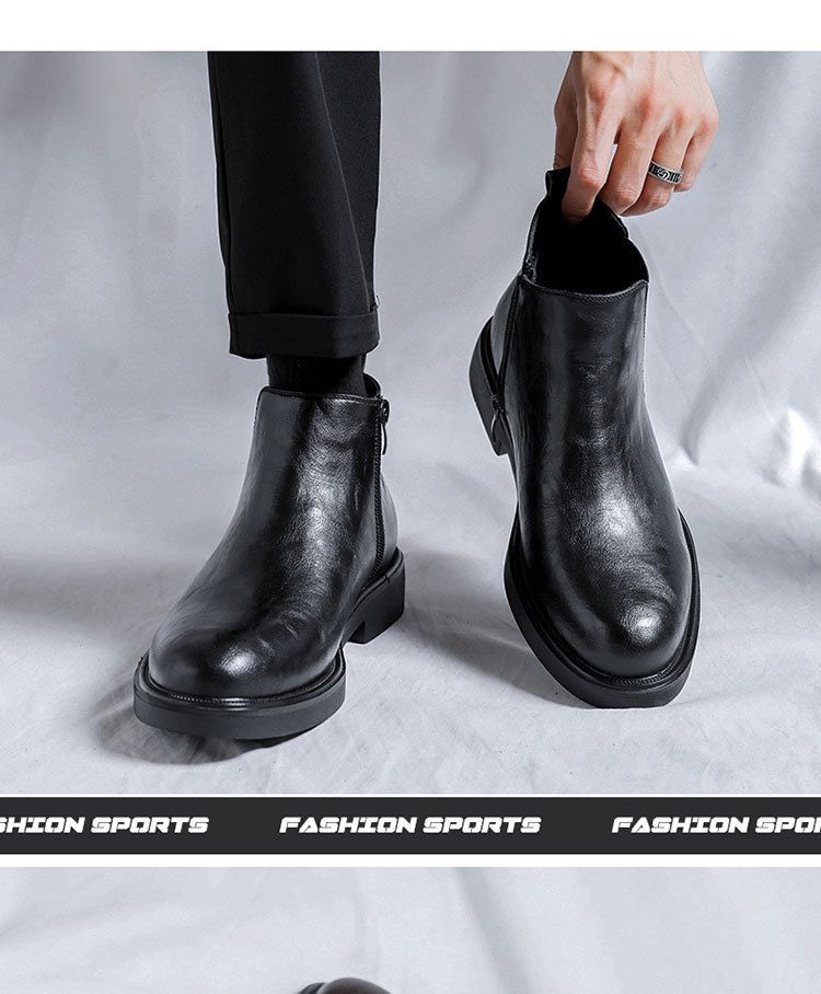 Martin Boots Men's Style Leather Side Zipper Medium Boots Black Pointed Chelsea Boots_voghion.com