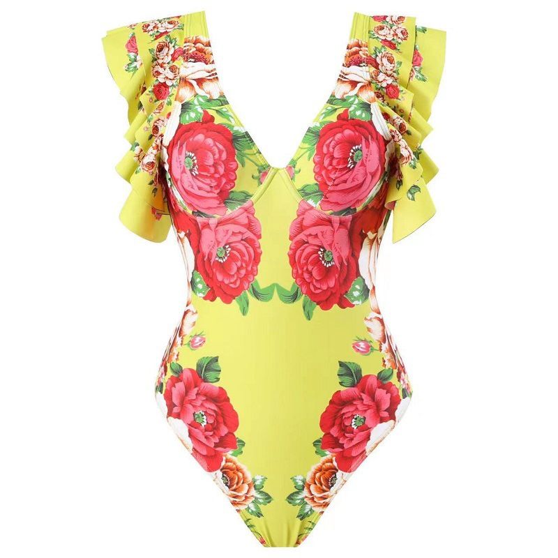 Modisches einteiliges Badeanzug-Set mit bedrucktem Gaze-Kleid, Strand-Spa-Bikini_voghion.com