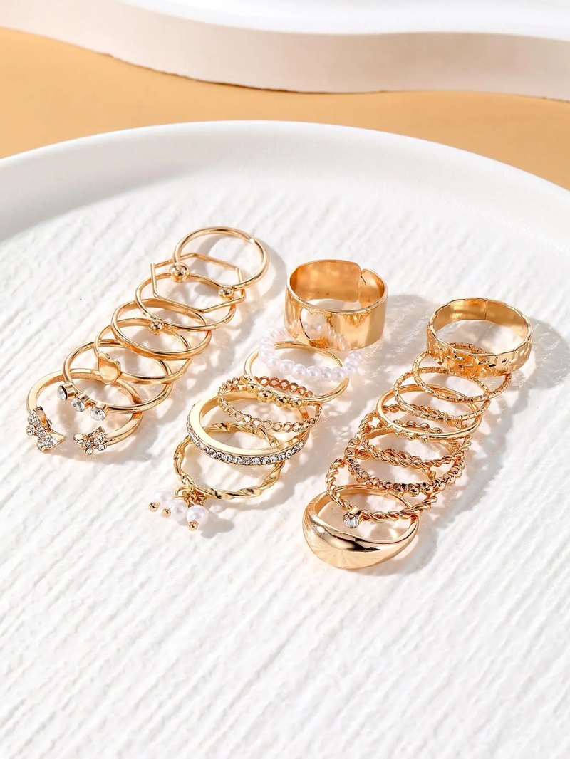 Ready Stock 23pcs/Set Vintage Heart Butterfly Rings Set For Women Fashion Gold Color Geometric Hollow Finger Ring Wedding Party_voghion.com