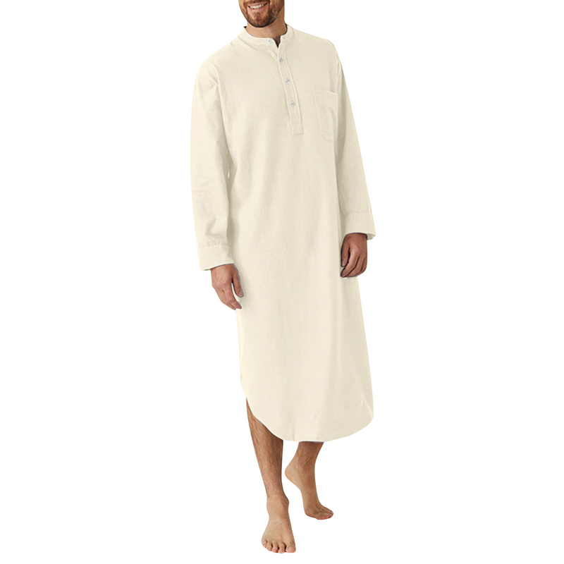 Man's clothing Fashion robe Long sleeve button solid color printed shirt Muslim men's robe_voghion.com