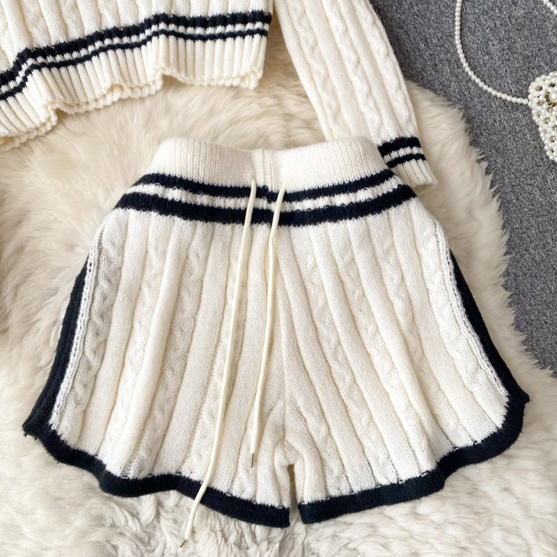 Women's Clothing Autumn and winter lazy style loose lapel striped sweater + high waist slim wide leg shorts knitted suit_voghion.com