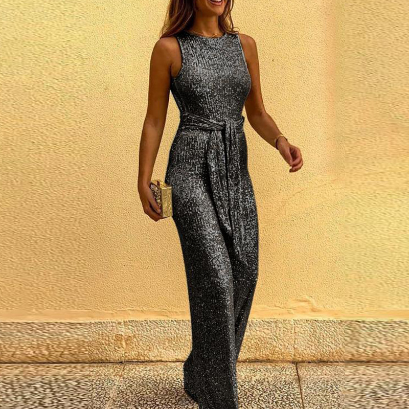 Îmbrăcăminte de damă, cu gât rotund, fără mâneci, salopetă personalizată cu punct argintiu cu paiete_voghion.com