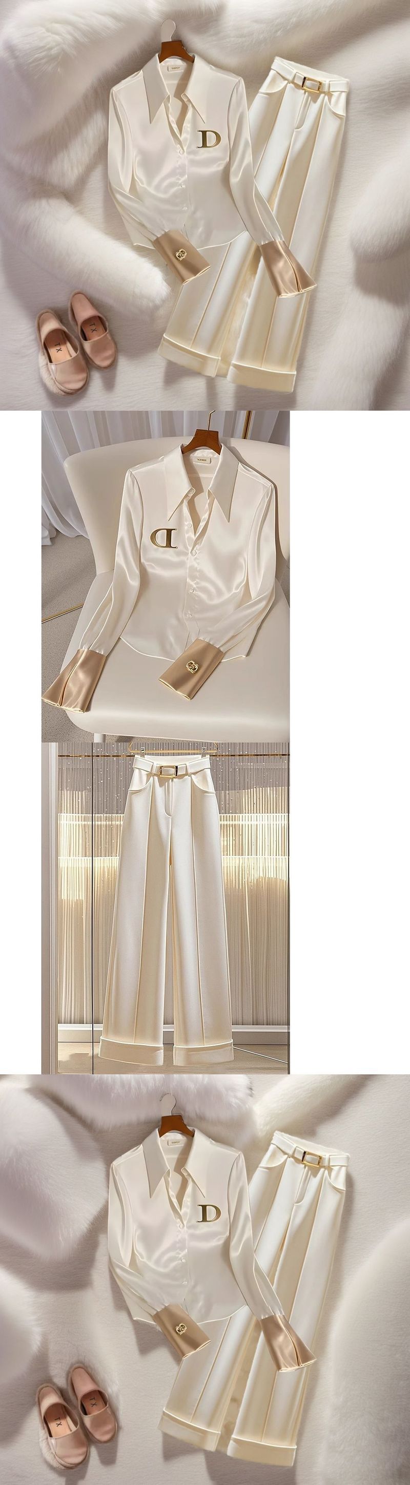 Effortless Office-to-Outing Set – Structured Champagne Blouse + Fluid Wide-Leg Trousers (S-3XL) – Minimalist Power Dressing_voghion.com
