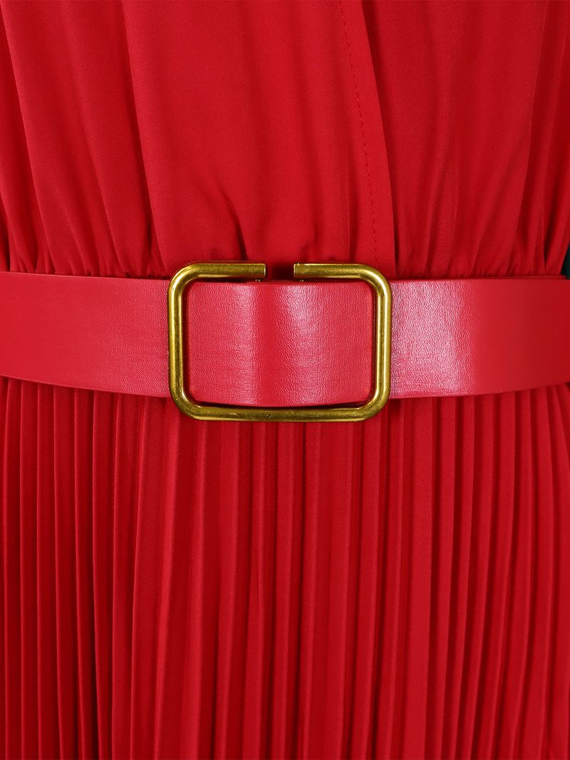 Abbigliamento da donna Nuovo alla moda con risvolto, manica lunga, vita alta, temperamento, plissettato, colore solido, abito_voghion.com