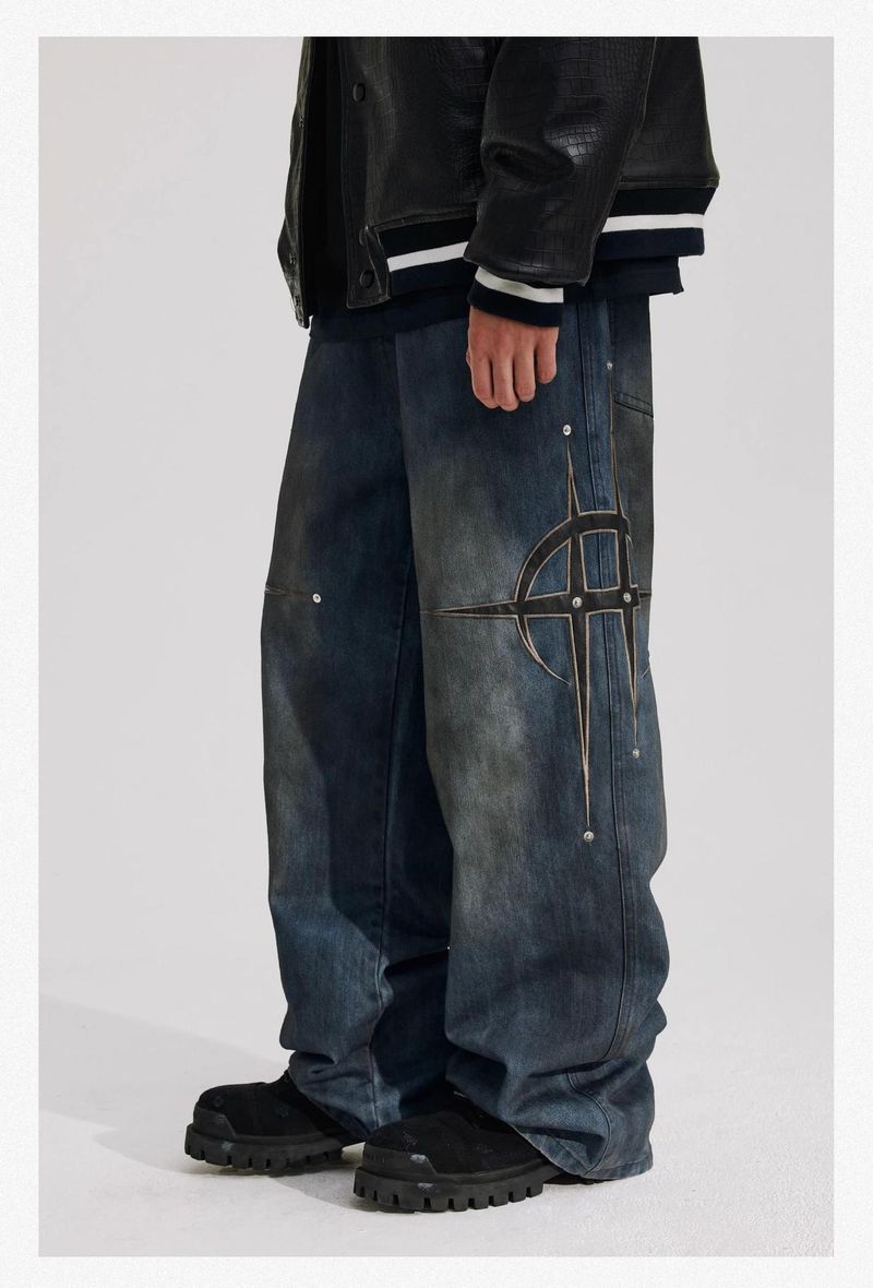 "Retro Streetwear Denim Pants – Loose Straight Fit Jeans With Rivet & Patch Design, Casual Style, Unisex (M-4XL)"_voghion.com