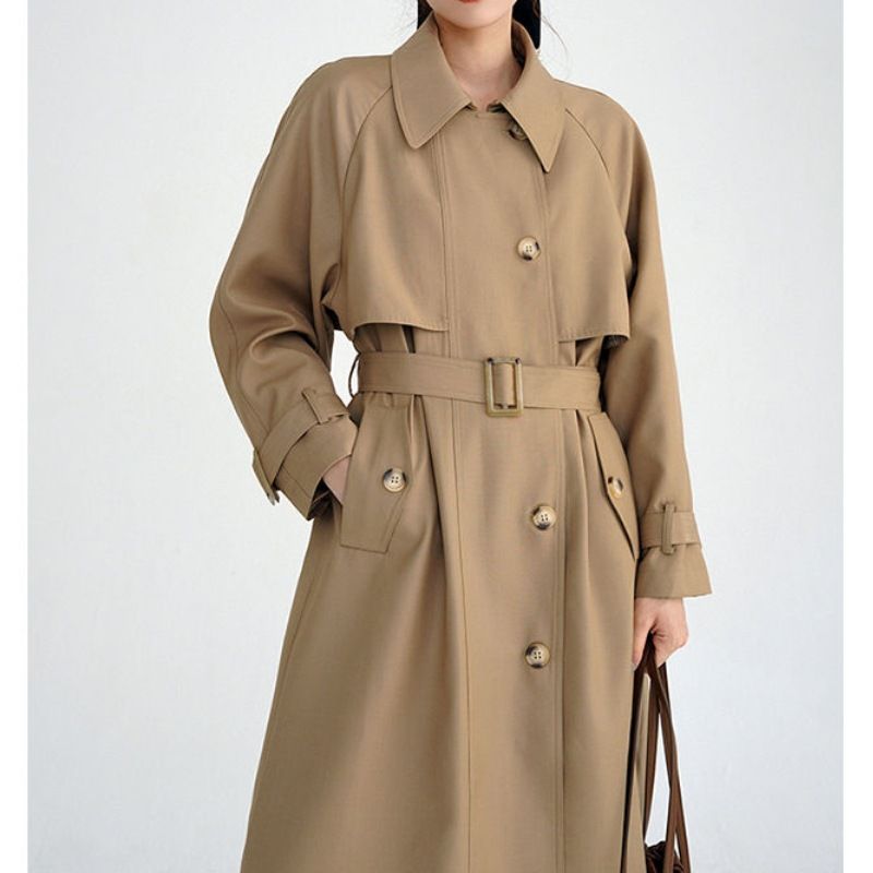 Grey trench coat for women, design, fashionable, Korean style, new British style, casual, loose long coat_voghion.com