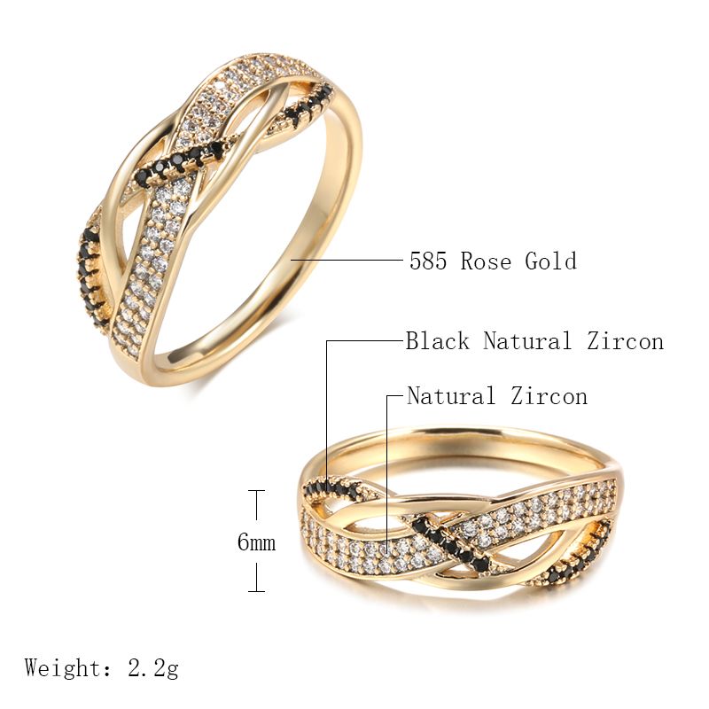 Ready Stock 585 Rose Ring Two Cross Black White Zircon Bling Gold Plating Fashion Fine Summer French Trend Jewelry Anillo Joyas_voghion.com