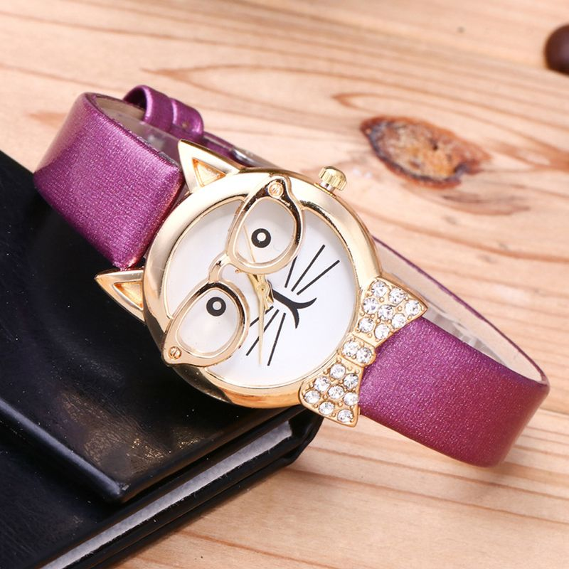 Yamaler Cute Cat Face Rund Skift Rhinestone Kunstlæder Kvinder Analog Quartz Armbåndsur_voghion.com