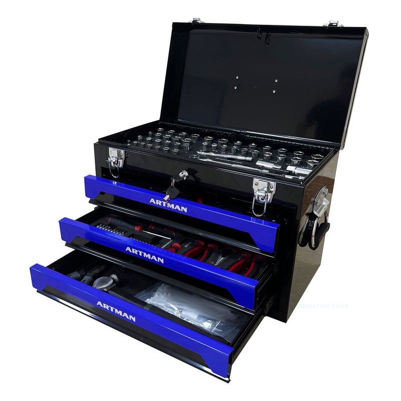20'' Portable 3-Drawer Steel Toolbox, 4 Layers Of Tools With Metal Latches, With Top Storage Tray And Carrying Handle, Multi-Function Tool Storage For Garage, Home, Or Workbench ,Black&Blue_voghion.com