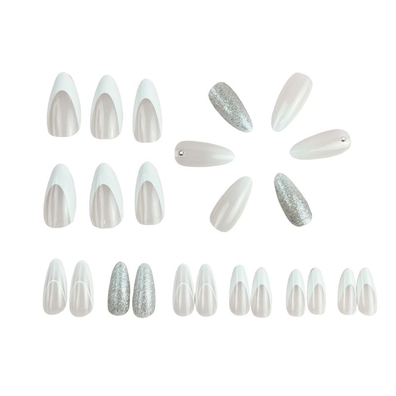 Long pointed nail wearing armor with gradient glitter powder press on false nails_voghion.com
