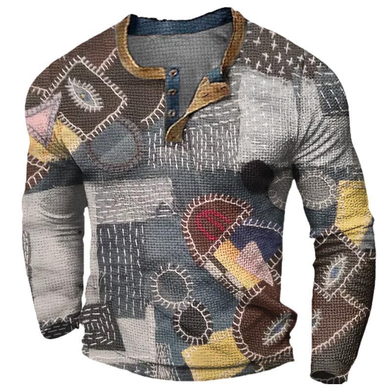 Sweat-shirt Henley à manches longues et trois boutons pour homme, imprimé tête 3D_voghion.com