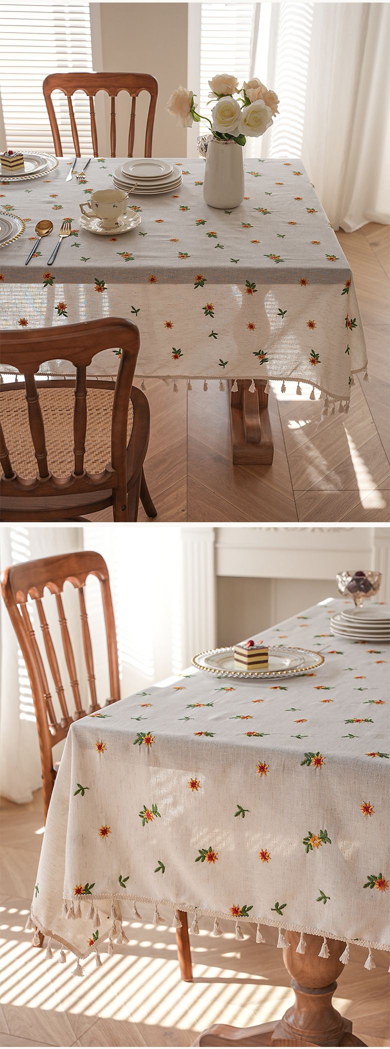 Luxury Waterproof Tablecloth - Pink Floral Embroidery On Linen, Stain & Dust Resistant For Dining Table (150x220cm, Machine Washable)_voghion.com
