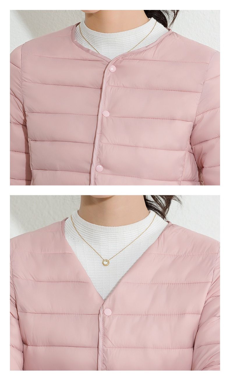 K Women's New Style Round Neck Cotton Padded Jacket, Slim Fit Base Layer, Solid Color Slimming Warm Short Lightweight Cotton Coat._voghion.com