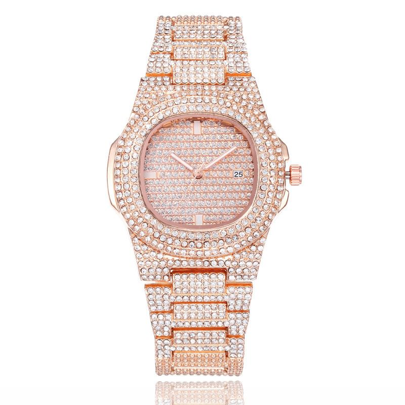 Individualized design women's hip-hop style steel band with rhinestone full diamond quartz watch set_voghion.com