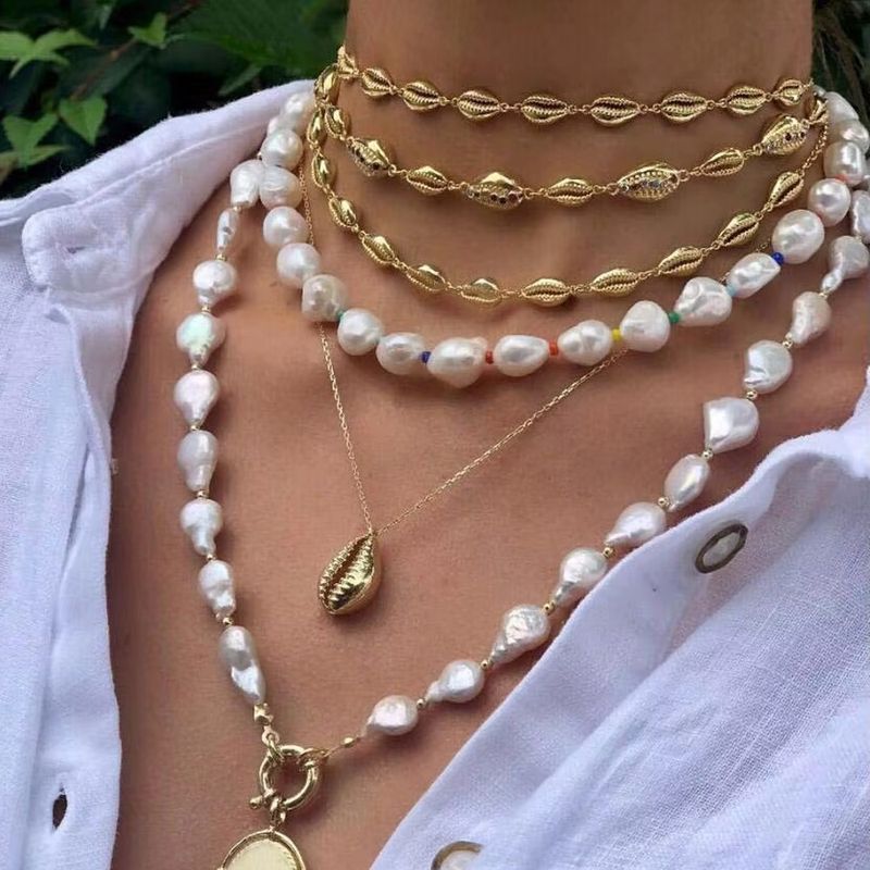Women's Jewelry Shell Pendant Necklace With Zirconia Bracelet Set, Geometric Design, Trendy Boho Chic Style, Perfect For Daily Wear And Gifting_voghion.com