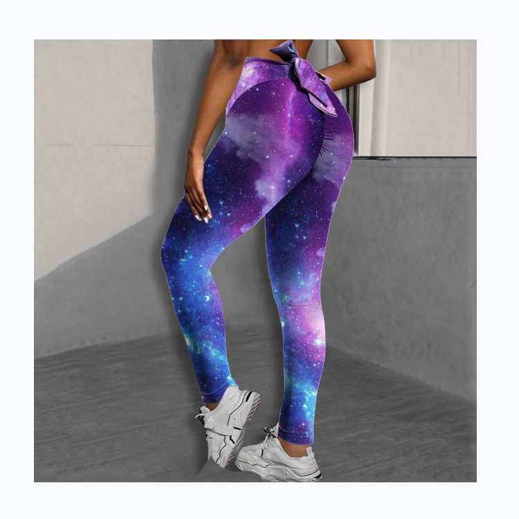 Pantaloni da yoga da yoga da donna con stampa multicolore antirughe sull'anca, dimagranti a vita alta, con fiocco elasticizzato_voghion.com