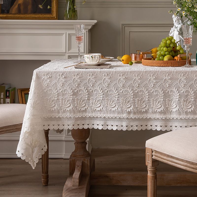Lace Tablecloth White Dining Tablecloth Embroidered Trim Rectangular Coffee Tablecloth_voghion.com