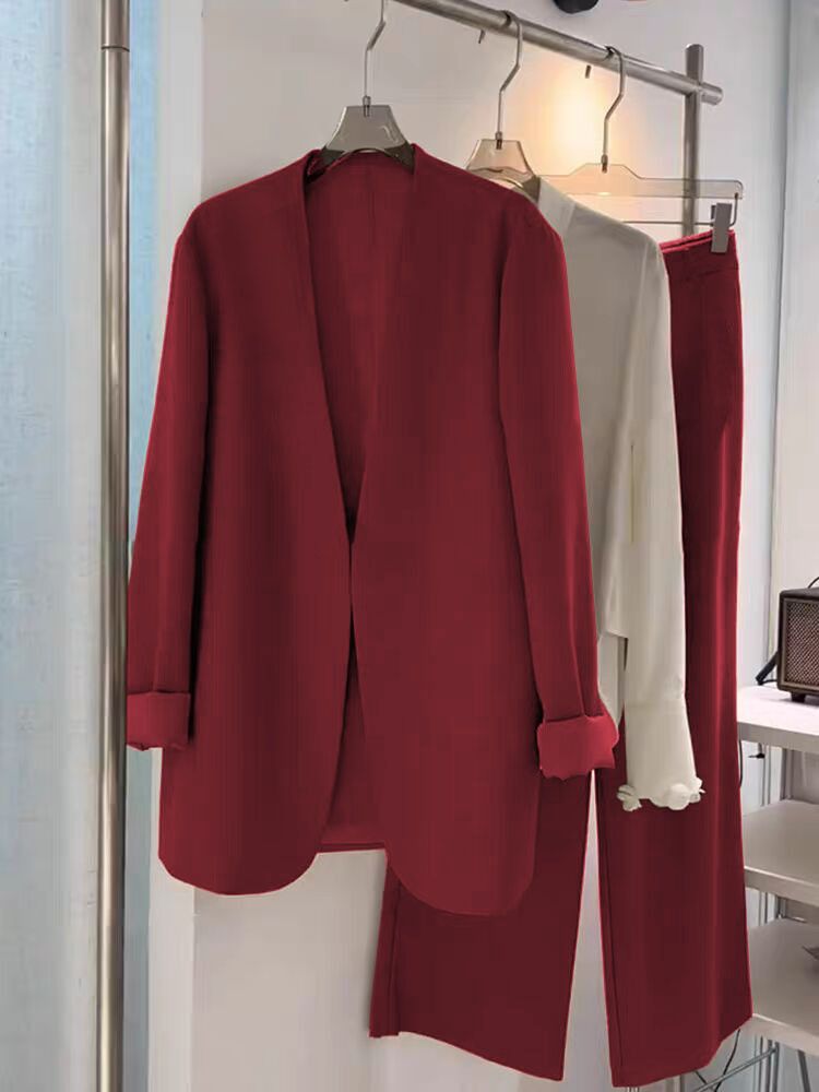 Conjunto de traje de talla grande para mujer, primavera y otoño, holgado, informal, formal, de dos piezas, con pantalones anchos y blazer pequeño._voghion.com