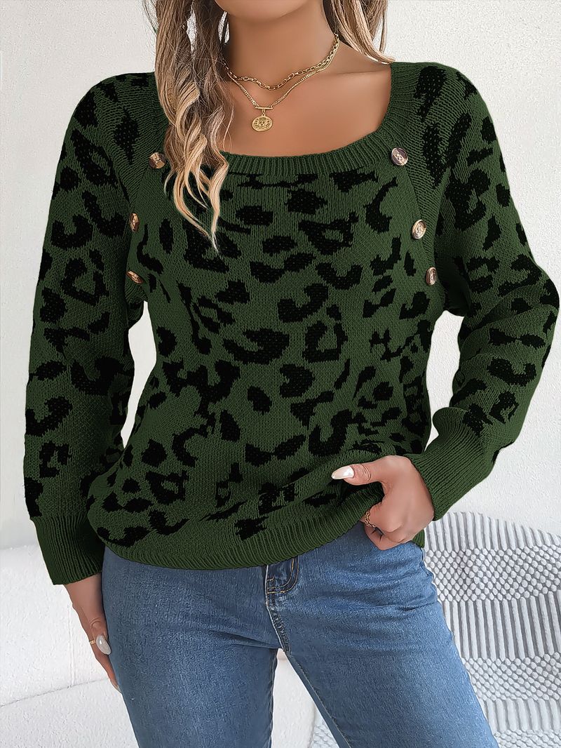 Maglione a maniche lunghe con stampa leopardata, a contrasto, con scollo quadrato, bottoni, casual, autunno e inverno 2024, abbigliamento da donna_voghion.com