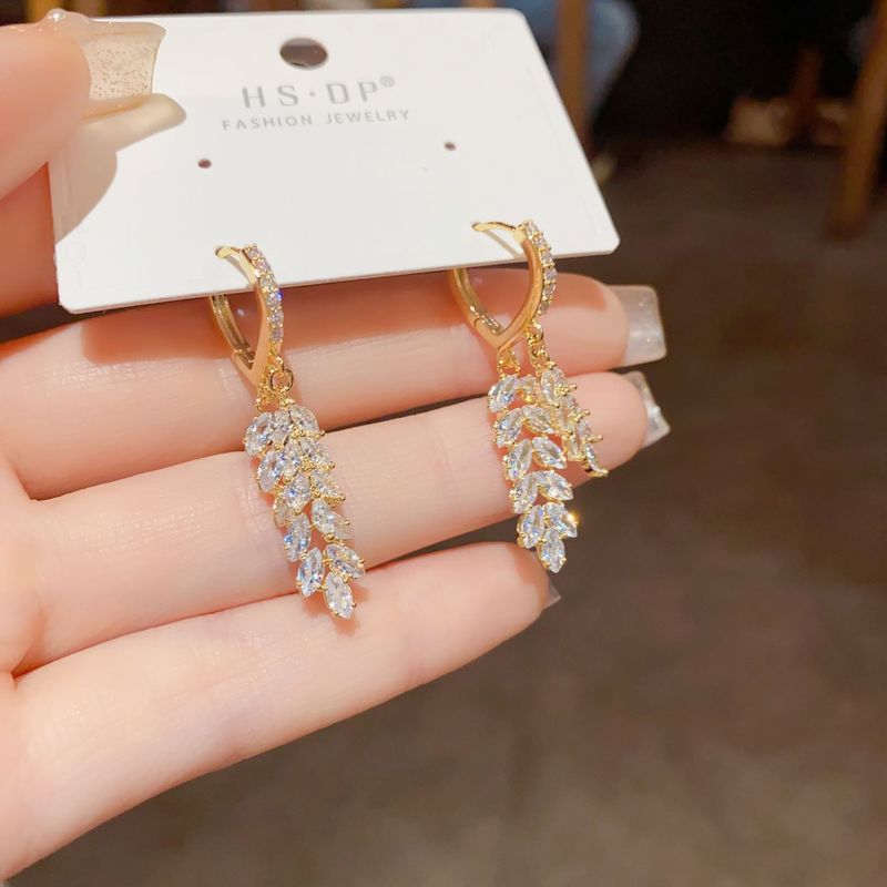 Orecchini leggeri di lusso con foglia di zircone, design di nicchia di alta qualità, orecchini versatili con nappe, orecchini alla moda_voghion.com