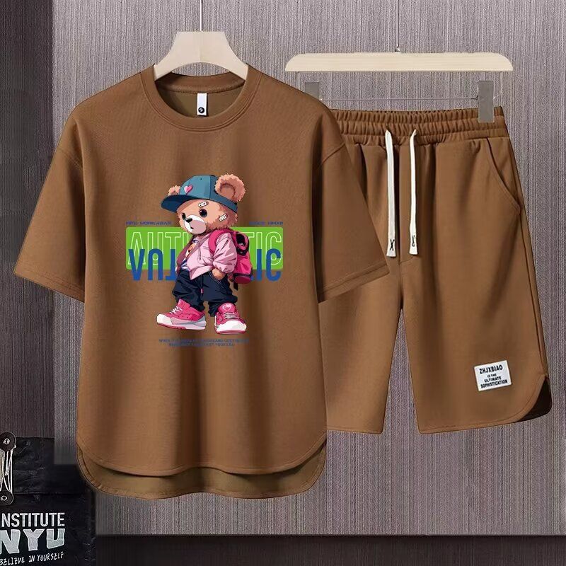 Roupas masculinas de verão meninos camiseta de manga curta solta em torno do pescoço nova marca na moda impressão adolescentes bonito combinando um conjunto completo_voghion.com