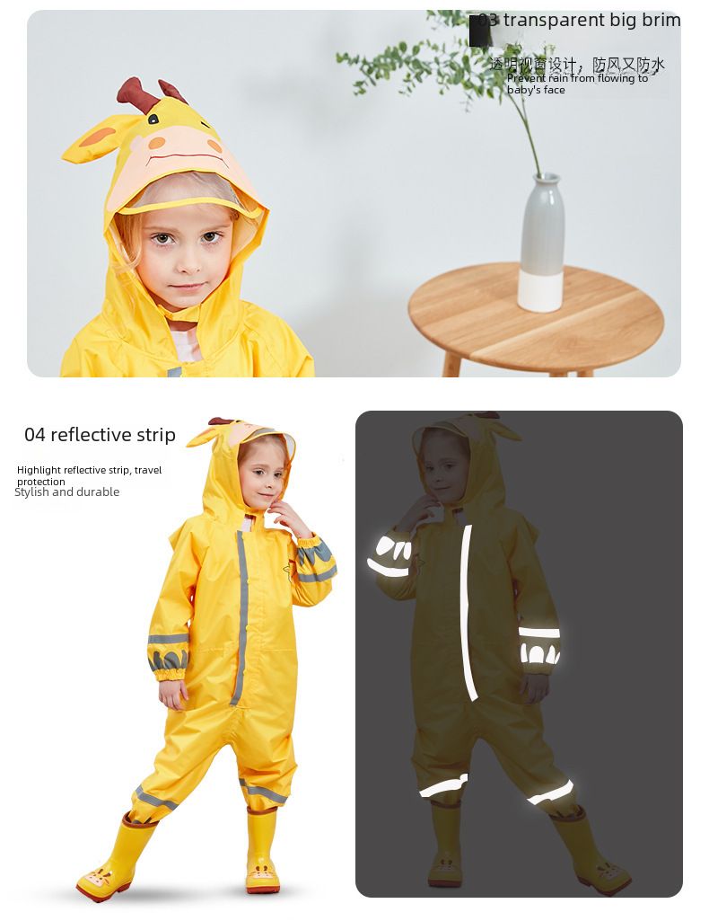 Cross-border three-dimensional boys and children's conjoined raincoat girls light hooded children's poncho reflective strip factory direct sales_voghion.com
