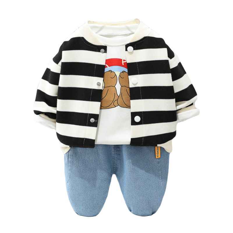 T-shirt in cotone per bambini con giacca cardigan a righe di piccole e medie dimensioni da 1 a 5 anni primaverile monopetto_voghion.com