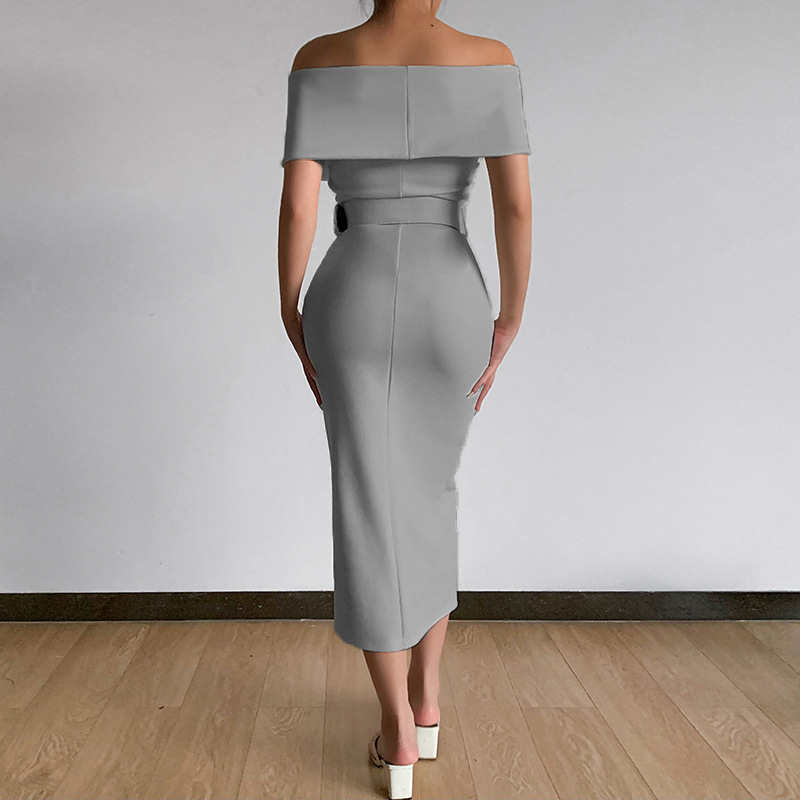 elegant temperament for commuting, simplicity and maturity new style off-shoulder belt slit skirt_voghion.com