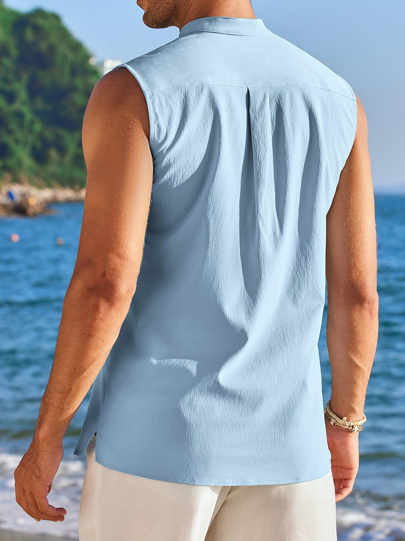 Vêtements pour hommes printemps et été, nouvelle chemise sans manches semi-ouverte pour hommes, gilet décontracté d'extérieur pour hommes_voghion.com