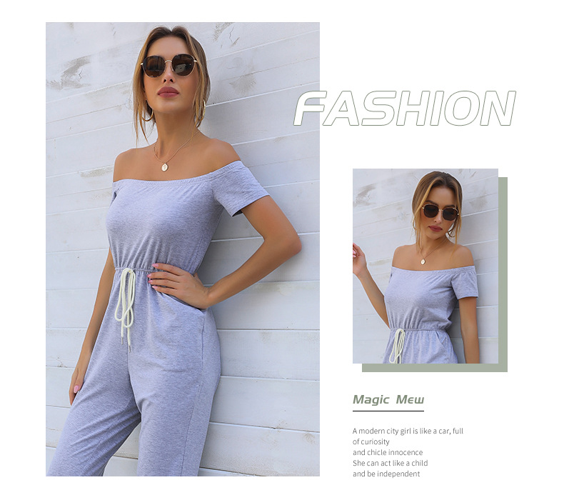 Solid Color One-shoulder Off-shoulder Short-sleeved Sports Jumpsuit_voghion.com