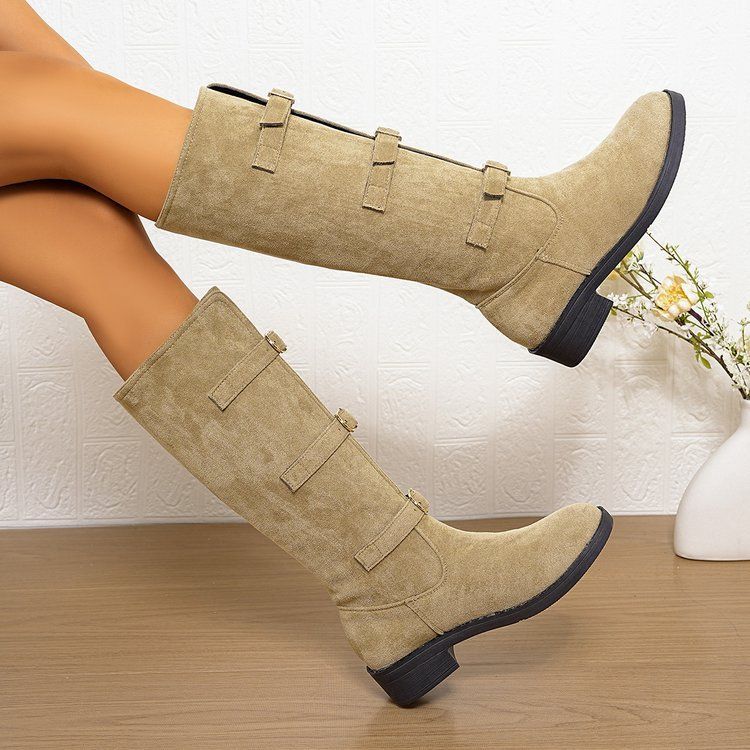 Bottes hautes à talon épais pour femme, mollet large, avec boucle et effet froissé - Daim souple et cuir véritable - Bottes à bout rond et talon mi-haut_voghion.com